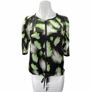 DKNY Women's Black Green Mesh Printed 3/4 Sleeve Tie Hem Blouse Top Size XS